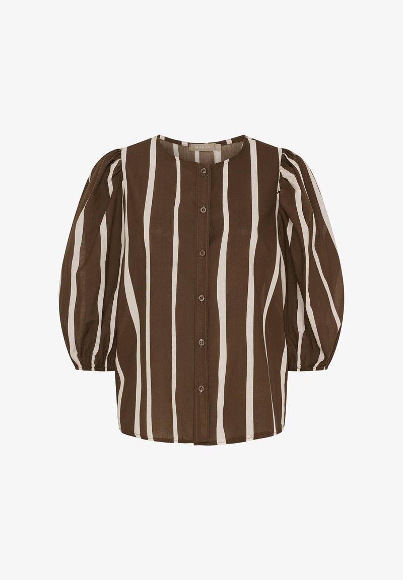 Brun og hvid stribet bluse med puffede ærmer, rund halsudskæring og knaplukning. Lavet af letvægtsstof, med vertikale striber.