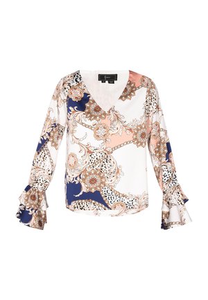 Gėlių rašto bliuzonas su V formos iškirpte, ilgomis raukšlėmis rankovėmis, turintis baltos, tamsiai mėlynos ir rožinės spalvų, pagamintas iš lygios medžiagos.