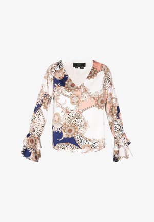 Gėlių rašto bliuzonas su V formos iškirpte, ilgomis raukšlėmis rankovėmis, turintis baltos, tamsiai mėlynos ir rožinės spalvų, pagamintas iš lygios medžiagos.