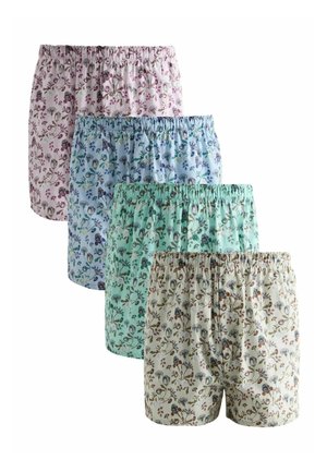 Vier Paare Boxershorts mit Blumenmuster in Pastellrosa, Blau, Grün und Beige, diagonal gestapelt mit elastischen Bund.