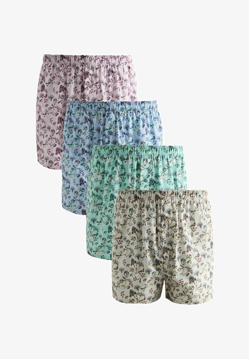 Quatre paires de boxers à motifs floraux dans des tons pastel rose, bleu, vert et beige, empilées en diagonale avec des ceintures élastiques.
