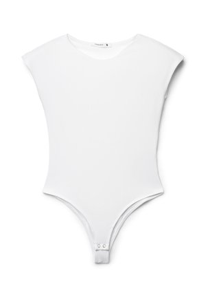 Body bianco senza maniche con scollatura rotonda e bottoni a pressione all'inguine, taglia piccola, bordi senza cuciture, su sfondo bianco uniforme.