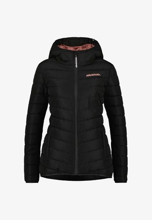 Doudoune noire avec capuche, dotée d'une fermeture éclair, de couture horizontale et d'une doublure rose contrastante. Logo de la marque sur la poitrine.