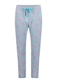 Light blue pants with a floral print in pink and purple. Features a drawstring waistband. Made from soft, flexible fabric. Slim fit design.