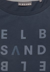 Navy blue cotton T-shirt featuring large, graphic letters spelling "ELBSAND" in varying shades of gray. Round neckline and tag visible.