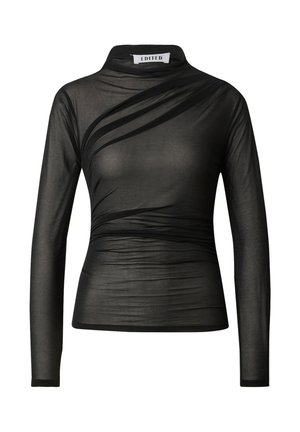 Zwart langemouwen top gemaakt van doorschijnende, lichte stof. Heeft een hoge hals en asymmetrische drapering over de torso.
