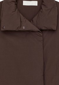 Brown padded jacket featuring a large collar, button closures, and a smooth texture. The fabric appears lightweight and soft.