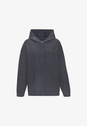 Dunkelgrauer Hoodie mit Kordelzugkapuze, großen Taschen auf der Vorderseite und gerippten Ärmelbündchen. Weicher Stoff und lässiger Schnitt.