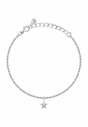 Bracciale a catena d'argento con piccolo ciondolo a forma di stella con una pietra chiara centrale, chiusura regolabile e prolunga a maglie.