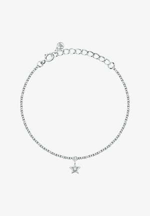 Bracciale a catena d'argento con piccolo ciondolo a forma di stella con una pietra chiara centrale, chiusura regolabile e prolunga a maglie.