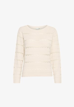 Kreminės spalvos nertinis megztinis su horizontaliomis juostelėmis ir atvirais raštais, apvaliu iškirpimu ir ilgomis rankovėmis. Minkšta tekstūra ir prigludęs dizainas.