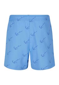 Short de bain bleu en tissu léger, avec un motif bleu dessiné à la main répété sur toute la surface. Taille élastique pour le confort.