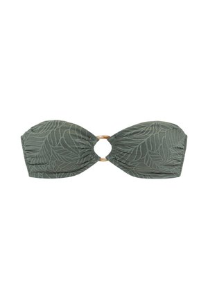Bandeau bikini w kolorze oliwkowym z teksturowanym wzorem liści oraz centralnym drewnianym pierścieniem.