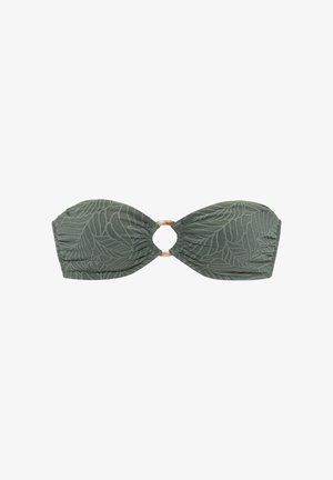 Oliivinvihreä bandeau-bikinitoppi, jossa on teksturoitu lehtikuvio ja keskellä puinen renkaan yksityiskohta.