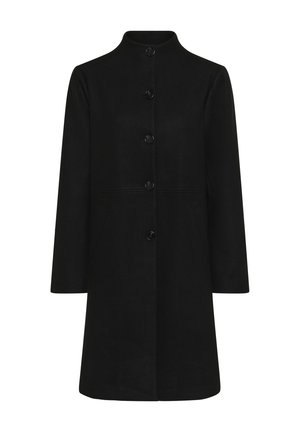 Manteau noir jusqu'aux genoux avec des manches longues, col haut, fermeture à boutons sur le devant et poches latérales.