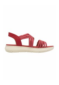 Sandali rossi con cinturini in tessuto intrecciato e suola ammortizzata. Presentano una suola bianca e un design aperto sul retro per un facile indossamento.