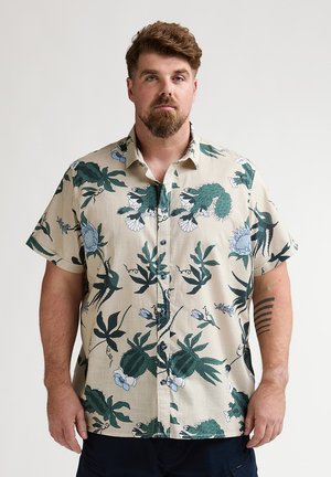 Kurzärmliges Hemd aus beigem Stoff mit grünen und blauen Blumenmustern, einem spitzen Kragen und einer lockeren Passform.