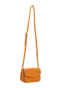 Borsa a tracolla arancione in pelle con design piatto, tracolla regolabile e chiusura a patta magnetica. Texture liscia e stile minimalista.