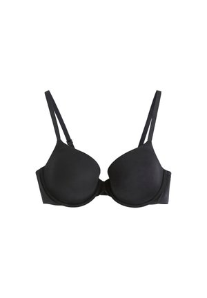 Black underwire bra with smooth, molded cups, adjustable straps, and hook-and-eye closure, featuring a seamless design and soft fabric.