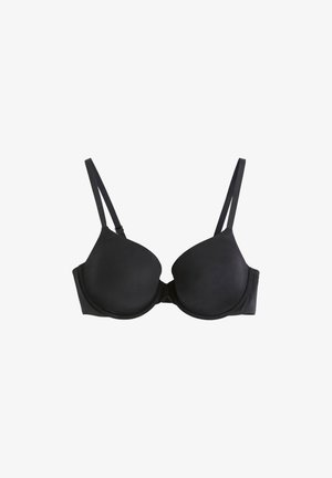 Black underwire bra with smooth, molded cups, adjustable straps, and hook-and-eye closure, featuring a seamless design and soft fabric.