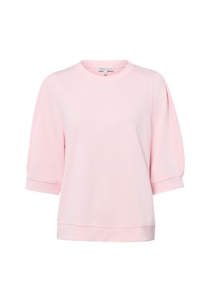 Lichtroze blouse met korte mouwen, ronde hals en subtiele plooien op de mouwen, eenvoudige zoom, maat small.