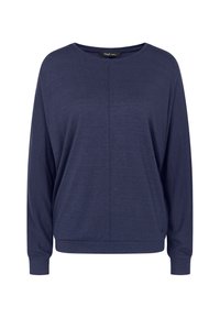 Maglione a maniche lunghe di colore blu scuro in maglia, con scollo tondo, vestibilità comoda e polsini e orlo a costine.