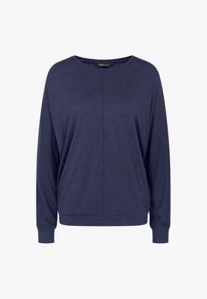 Tummansininen pitkähihaisten neulepusero, jossa on pyöreä kaula-aukko, rento malli sekä ribbireunat hihansuissa ja helmassa.