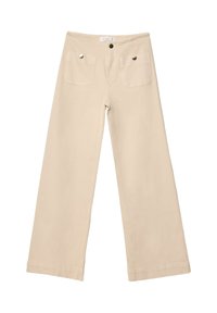 Beige wijde broek van zacht katoen, met twee diepe voorzakken met zilverkleurig beslag, rechte pasvorm en net afgewerkte zomen.