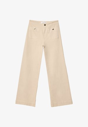 Bež hlače širokih nogavica od mekog pamuka, s dva prednja džepa sa srebrnim detaljima, ravnog kroja i uredno dovršenim rubovima.