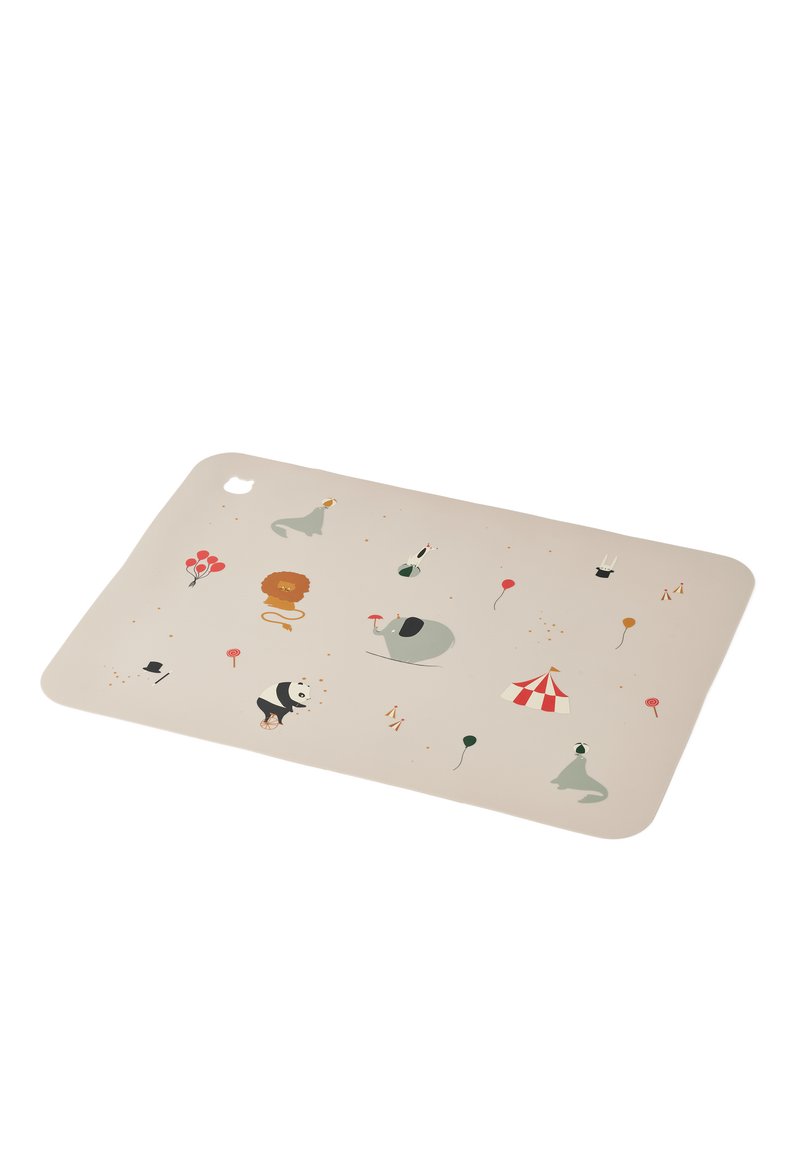 Tovaglietta in silicone di un color beige chiaro con illustrazioni giocose di animali e del circo. Presenta angoli arrotondati e un piccolo foro per appenderla.