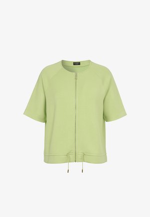 Hellgrüne kurzärmlige Zip-Up-Jacke mit rundem Ausschnitt und verstellbarem Kordelzug am Saum, auf weißem Hintergrund dargestellt.