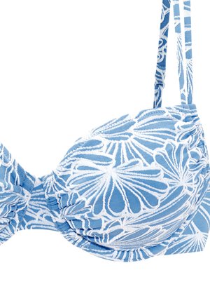 Blauer Bikini-Oberteil mit weißem Blumenmuster; texturiertes Gewebe mit gerafften Details; verstellbare Träger für Passform und Stil.