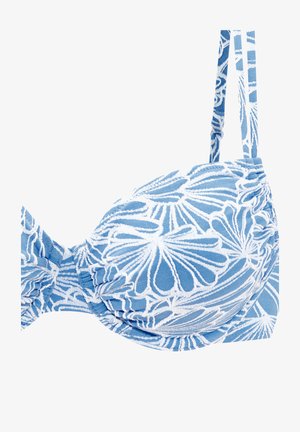 Blauer Bikini-Oberteil mit weißem Blumenmuster; texturiertes Gewebe mit gerafften Details; verstellbare Träger für Passform und Stil.