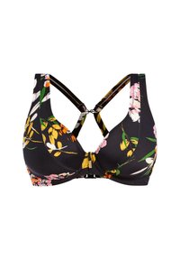 Floral-patterned black bra with adjustable crisscross straps, smooth fabric, and gold hardware at the front closure.