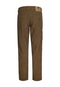Pantaloni in velluto a coste marroni con vestibilità dritta, dotati di due tasche posteriori e una tasca cargo laterale. L'etichetta sulla vita contiene i dettagli del marchio.