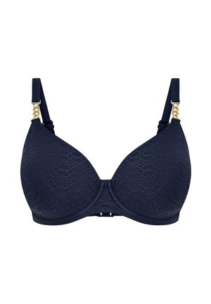 Marineblauwe gevoerde beha met een gestructureerd geometrisch patroon, verstelbare bandjes en goudkleurige hardware accenten. Haak- en oogsluiting aan de achterkant.