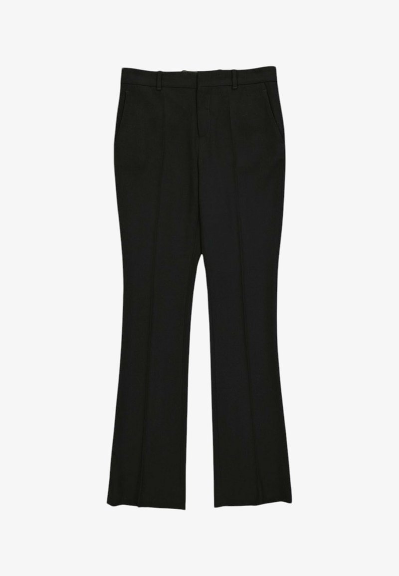 Pantalon habillé noir avec passants de ceinture, poches avant et un pli marqué sur chaque jambe, présenté à plat sur fond blanc.