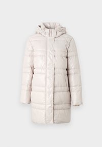 Prošívaná bunda světle béžové barvy s kapucí, zipem na zapínání, druky a prošívanou texturou se spodními kapsami. Hladká, lesklá tkanina.