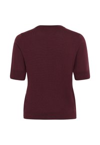 Maglione corto bordeaux a maniche corte con un classico scollo a girocollo. Tessuto liscio, forma aderente e dettagli a coste sulle maniche e sull'orlo.