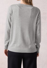 Grå strikket sweater med lange ærmer, rund halsudskæring, ribbet kant og ærmegab. Blød tekstur med en glat finish. Set bagfra.