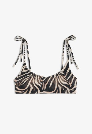 Bikini-Oberteil mit Zebramuster, verstellbaren Trägern an den Schultern und leicht gerafftem Detail entlang der Büstenlinie.