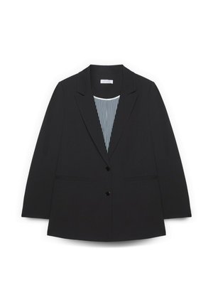 Blazer noir ajusté avec deux boutons devant, des revers crantés, et une doublure intérieure rayée visible au niveau du col.