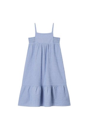 Robe sans manches bleu clair avec fines bretelles, encolure carrée, taille froncée et ourlet à volants.