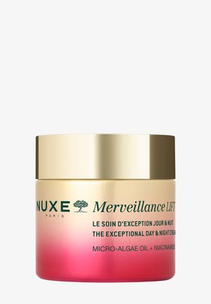 NUXE Merveillance Lift jar features a gradient design from gold to pink, with a gold lid. Text includes product name and ingredients.