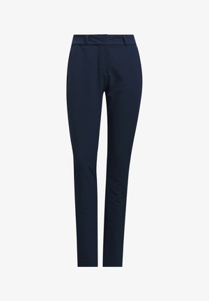 Marineblaues Hosen aus glattem Stoff. Slim-Fit-Design mit flachem Vorderteil und elastischem Bund, ausgestattet mit zwei Seitentaschen.