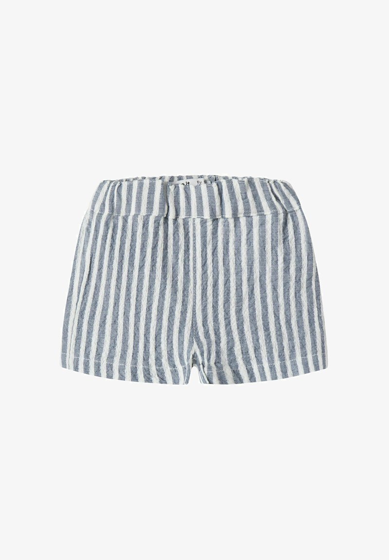Shorts à taille élastique avec des rayures verticales bleues et blanches, en tissu doux et texturé, au design simple.