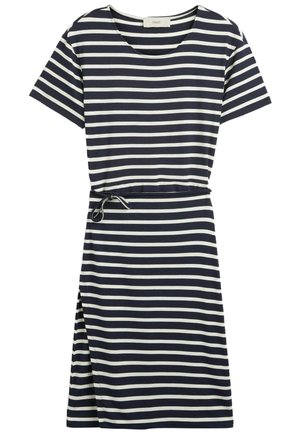 Kurzärmeliges Kleid mit horizontalen dunkelblauen und weißen Streifen, rundem Ausschnitt, Taillengürtel und seitlichem Schlitz.