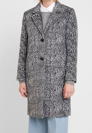 Gray animal print coat made of soft fabric, featuring a notched collar, two black buttons, and long sleeves with ribbed cuffs.