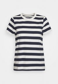 Námořnické pruhované tričko s krátkým rukávem, kulatým výstřihem a bavlněným materiálem. Má rovný lem a kontrastní pruhy.