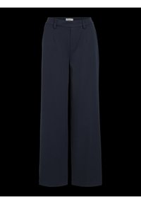 Granatowe spodnie o szerokich nogawkach wykonane z gładkiego materiału, z płaskim przodem, szlufkami na pasek i dwoma bocznymi kieszeniami. Minimalistyczny design, bez wzorów.